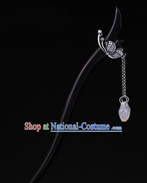 China National Silver Butterfly Ebony Hairpin Handmade Hair Jewelry Accessories Traditional Cheongsam Jade Magnolia Tassel Hair Stick