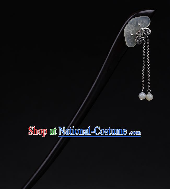 China National Tassel Ebony Hairpin Handmade Hair Jewelry Accessories Traditional Cheongsam Jade Lotus Leaf Hair Stick