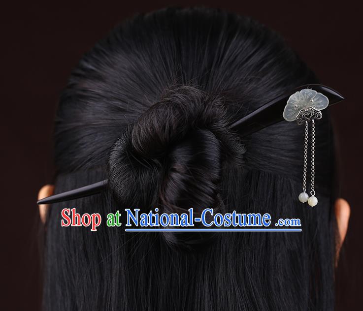 China National Tassel Ebony Hairpin Handmade Hair Jewelry Accessories Traditional Cheongsam Jade Lotus Leaf Hair Stick