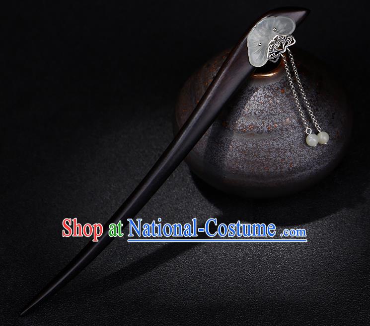 China National Tassel Ebony Hairpin Handmade Hair Jewelry Accessories Traditional Cheongsam Jade Lotus Leaf Hair Stick