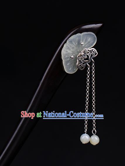 China National Tassel Ebony Hairpin Handmade Hair Jewelry Accessories Traditional Cheongsam Jade Lotus Leaf Hair Stick