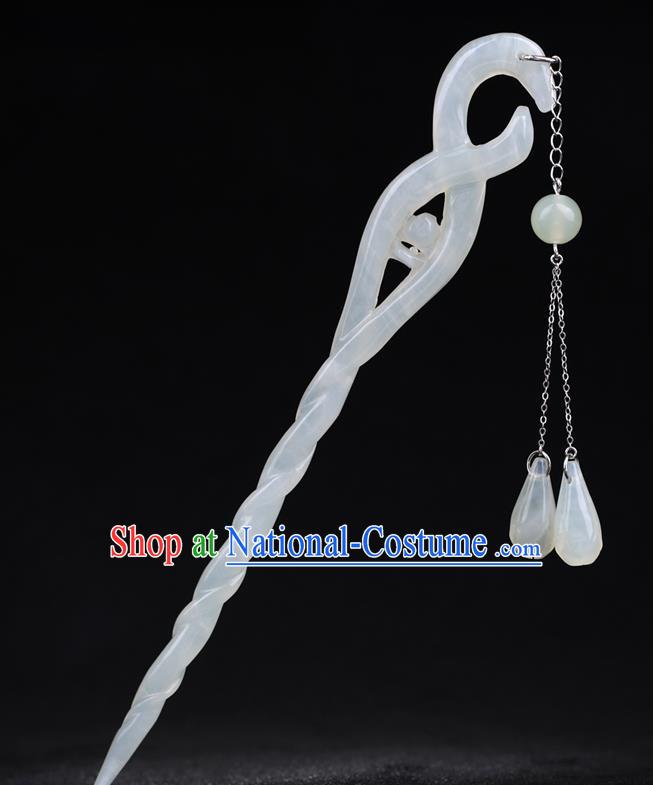 China National White Jade Tassel Ebony Hairpin Handmade Hair Jewelry Accessories Traditional Cheongsam Hair Stick