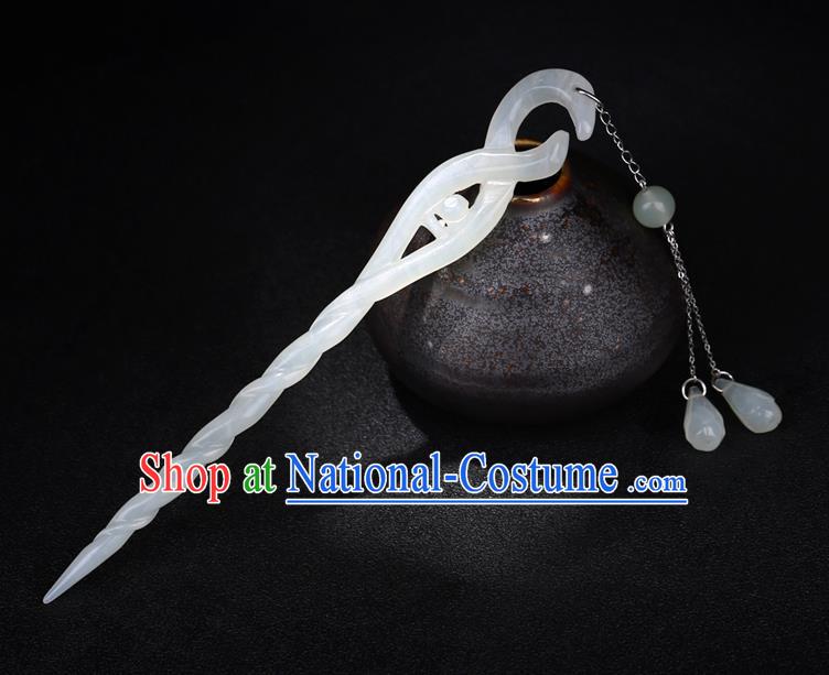 China National White Jade Tassel Ebony Hairpin Handmade Hair Jewelry Accessories Traditional Cheongsam Hair Stick