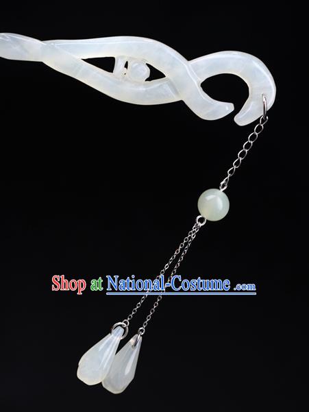 China National White Jade Tassel Ebony Hairpin Handmade Hair Jewelry Accessories Traditional Cheongsam Hair Stick