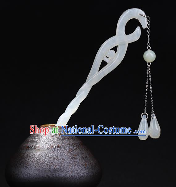 China National White Jade Tassel Ebony Hairpin Handmade Hair Jewelry Accessories Traditional Cheongsam Hair Stick