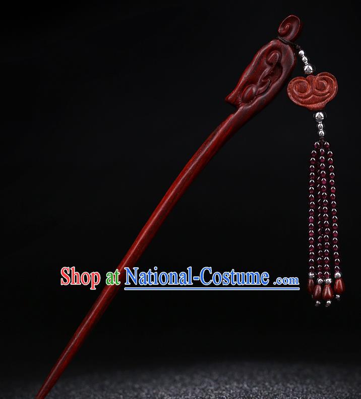 China National Rosewood Carving Hairpin Handmade Hair Jewelry Accessories Traditional Cheongsam Garnet Beads Tassel Hair Stick