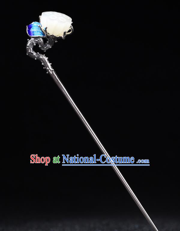 China National Cloisonne Silver Hairpin Handmade Hair Jewelry Accessories Traditional Cheongsam Jade Lotus Seedpod Hair Stick