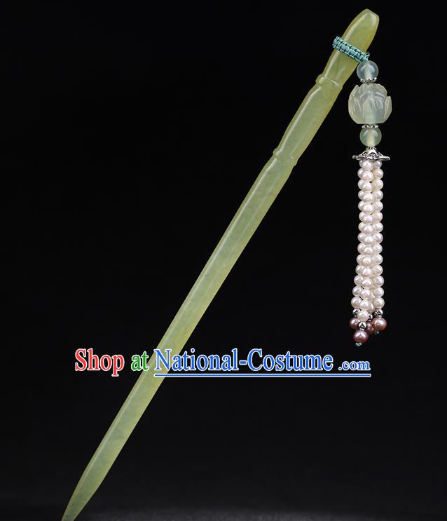 China National Jade Bamboo Hairpin Handmade Hair Jewelry Accessories Traditional Cheongsam Pearls Tassel Hair Clip