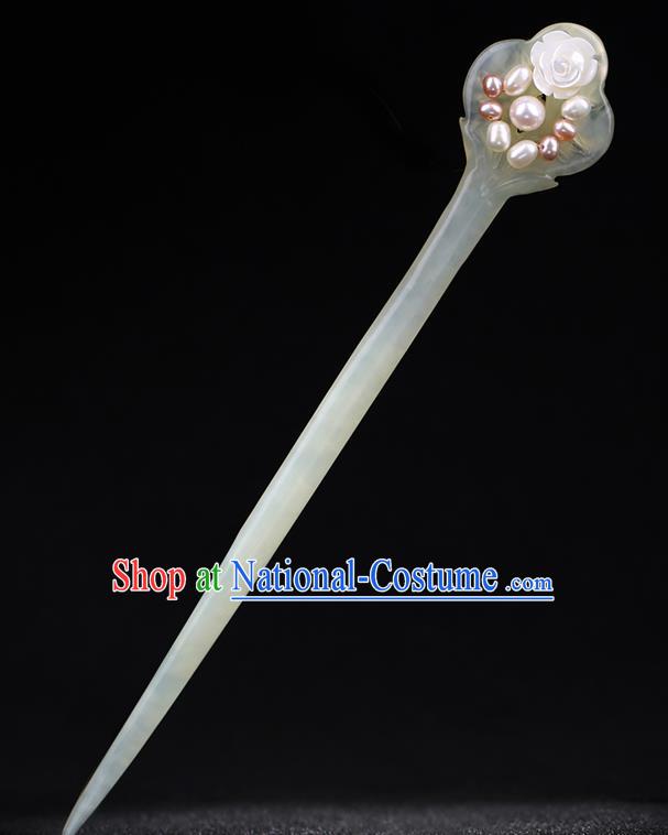 China National Pearls Shell Rose Hairpin Handmade Hair Jewelry Accessories Traditional Cheongsam Jade Hair Clip