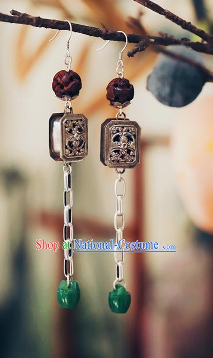 Handmade Chinese Jade Bucket Eardrop Classical Cheongsam Earrings Accessories Traditional Silver Carving Ear Jewelry