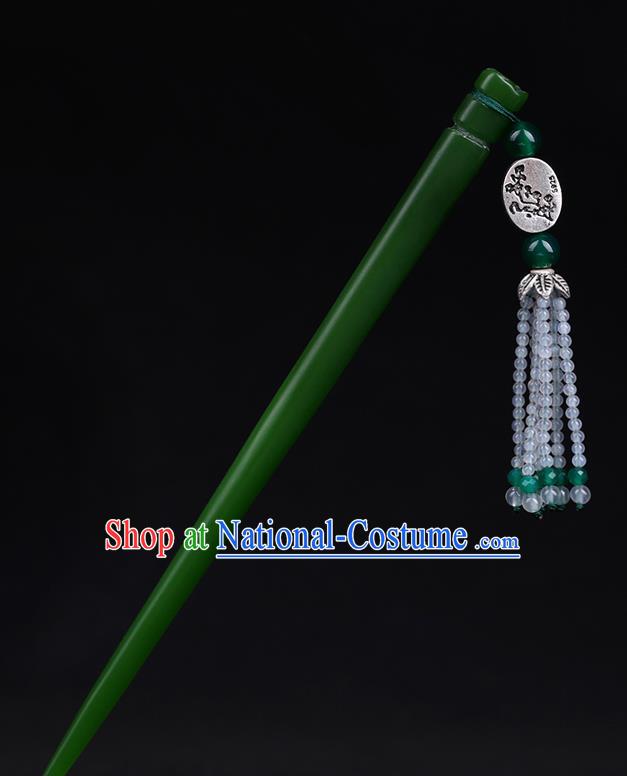 China National Beads Tassel Hairpin Handmade Hair Jewelry Accessories Traditional Cheongsam Green Jade Hair Clip