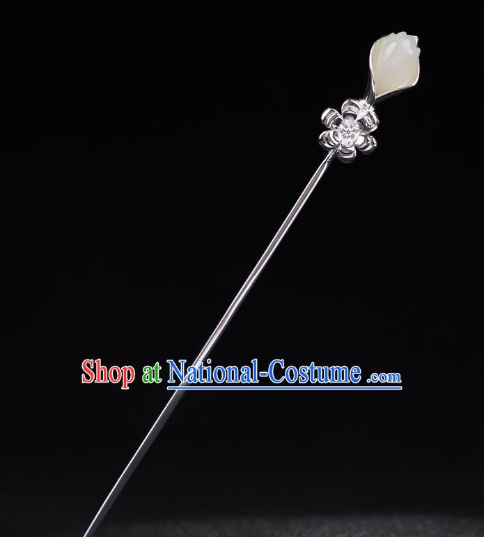 China National Jade Magnolia Hairpin Handmade Hair Jewelry Accessories Traditional Cheongsam Silver Hair Clip