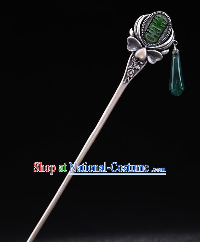 China National Wedding Silver Hairpin Handmade Hair Jewelry Accessories Traditional Cheongsam Green Jade Hair Clip