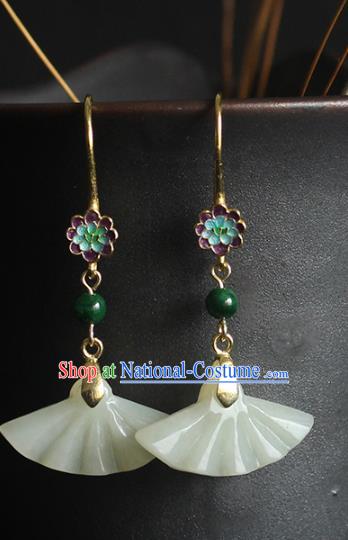 Handmade Chinese Classical Jade Fan Earrings Accessories Cheongsam Ear Jewelry Traditional Enamel Eardrop