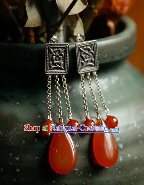 Handmade Chinese Traditional Wedding Silver Eardrop Classical Cheongsam Earrings Accessories Agate Ear Jewelry