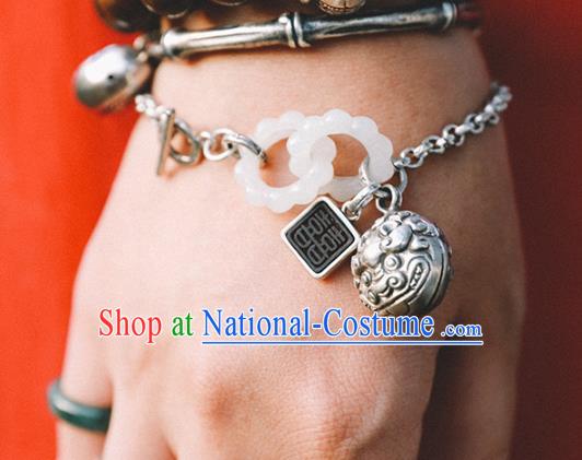 China Traditional White Jade Rings Bracelet Accessories Classical Bangle Silver Bell Wristlet Jewelry