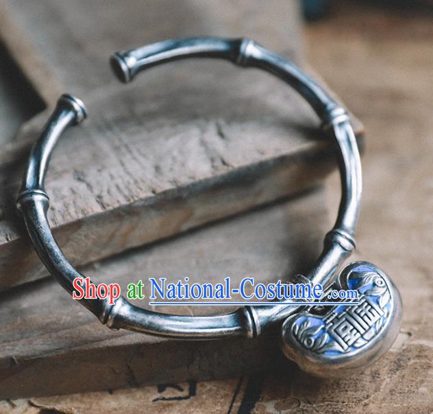 China Traditional Silver Bamboo Bracelet Accessories Classical Bangle Blueing Longevity Lock Wristlet Jewelry