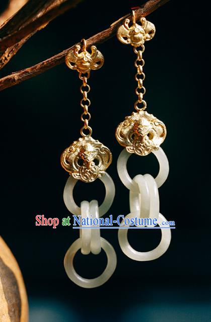 Handmade Chinese Traditional Wedding Golden Bat Eardrop Classical Cheongsam Earrings Accessories Jade Rings Ear Jewelry