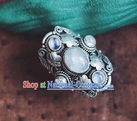 China National Moonstone Ring Traditional Handmade Gems Jewelry Accessories Silver Circlet