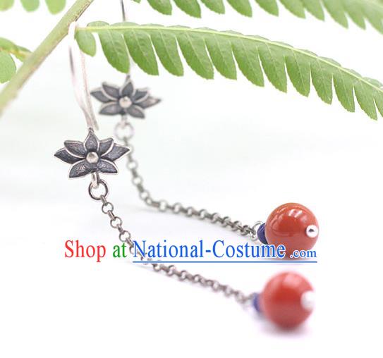 Handmade Chinese Traditional Agate Tassel Eardrop Classical Earrings Accessories Ethnic Silver Lotus Ear Jewelry