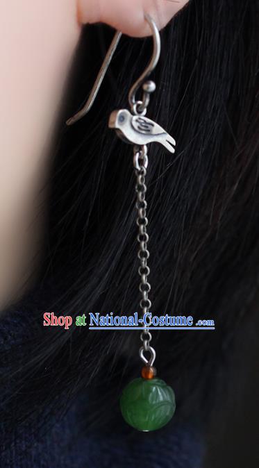 Handmade Chinese Traditional Jade Carving Lotus Eardrop Classical Earrings Accessories Ethnic Silver Bird Ear Jewelry