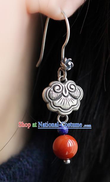 Handmade Chinese Traditional Silver Carving Eardrop Ethnic Agate Ear Jewelry Classical Earrings Accessories