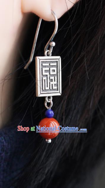 Handmade Chinese Ethnic Agate Ear Jewelry Classical Earrings Accessories Traditional Silver Eardrop