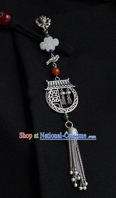 Chinese Cheongsam Jewelry Accessories Handmade National Tassel Breastpin Pendant Classical Silver Carving Dragon Gate Brooch