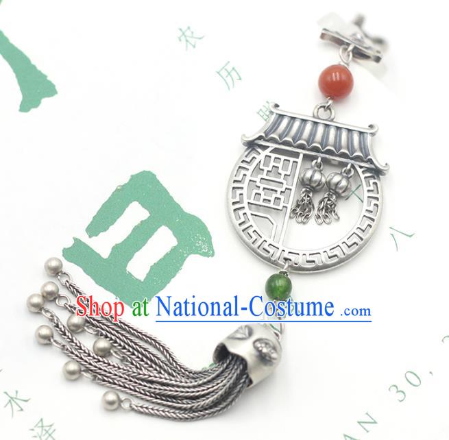 Chinese Cheongsam Jewelry Accessories Handmade National Tassel Breastpin Pendant Classical Silver Carving Dragon Gate Brooch