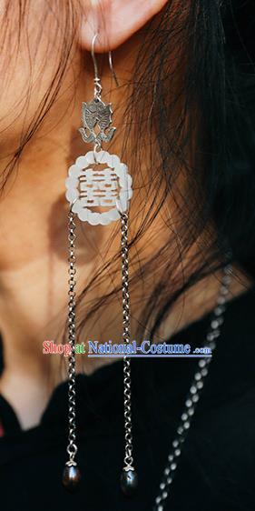 Handmade Chinese Traditional Silver Fishes Eardrop Classical Cheongsam Earrings Accessories White Jade Ear Jewelry