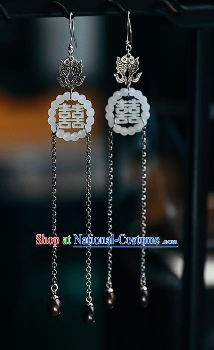 Handmade Chinese Traditional Silver Fishes Eardrop Classical Cheongsam Earrings Accessories White Jade Ear Jewelry