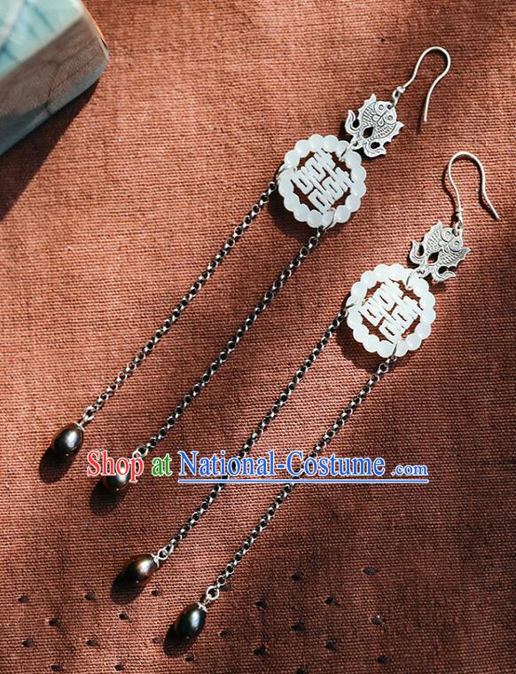 Handmade Chinese Traditional Silver Fishes Eardrop Classical Cheongsam Earrings Accessories White Jade Ear Jewelry