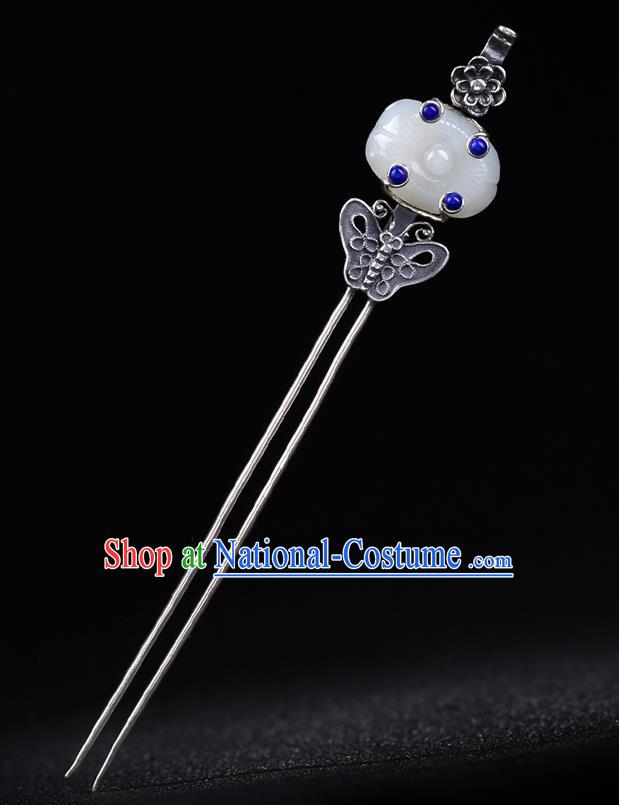 China National Lapis Jade Hairpin Handmade Hair Jewelry Accessories Traditional Cheongsam Silver Carving Butterfly Hair Stick