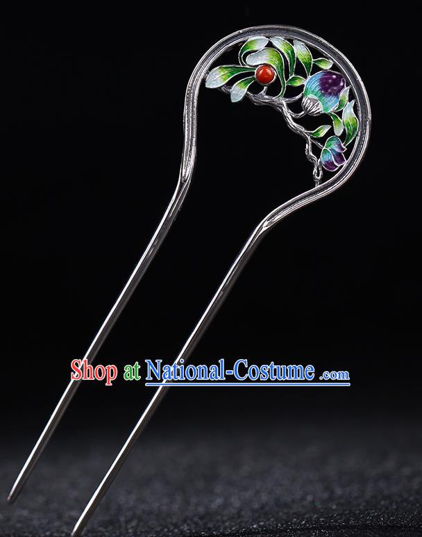 China National Silver Coral Hairpin Handmade Hair Jewelry Accessories Traditional Cheongsam Enamel Peony Hair Stick