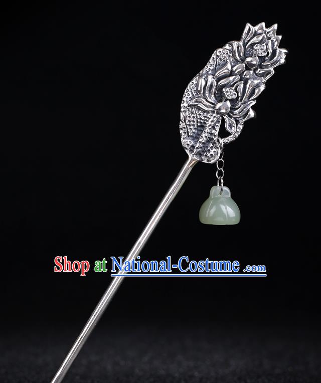 China National Jade Tassel Hairpin Handmade Hair Jewelry Accessories Traditional Cheongsam Silver Carving Lotus Hair Stick