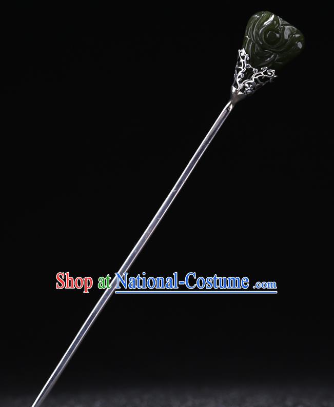 China National Jade Hairpin Handmade Hair Jewelry Accessories Traditional Cheongsam Carving Silver Hair Clip