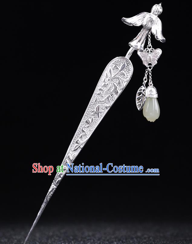 China National Jade Magnolia Tassel Hairpin Handmade Hair Jewelry Accessories Traditional Cheongsam Silver Hair Stick