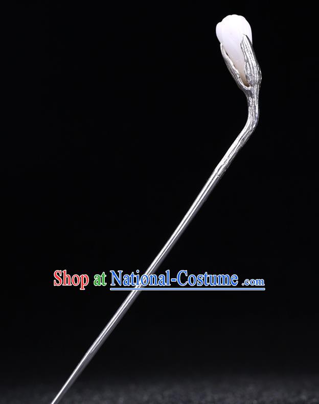 China National Silver Hairpin Handmade Hair Jewelry Accessories Traditional Cheongsam White Jade Mangnolia Hair Stick