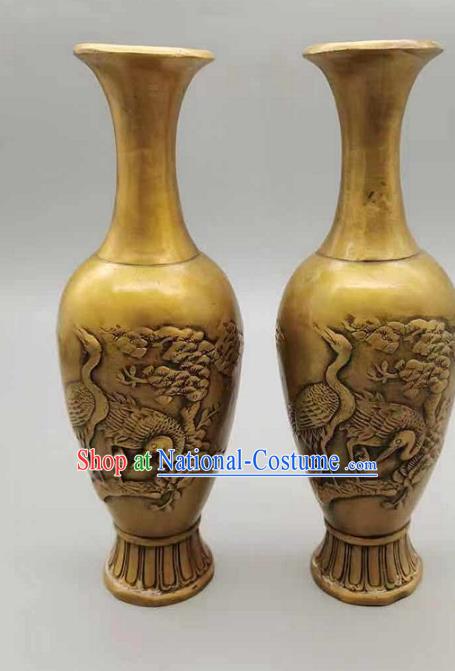 Handmade Chinese Brass Vase Accessories Carving Crane Flower Jardiniere Ornaments