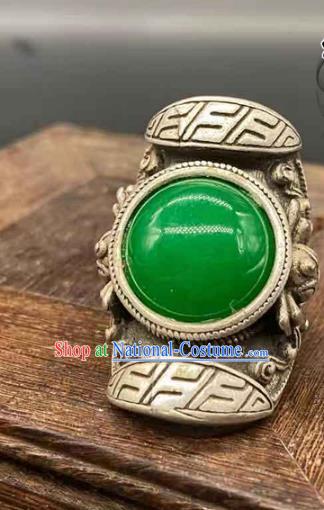 China National Silver Carving Ring Handmade Jewelry Accessories Traditional Chrysoprase Thimble Circlet