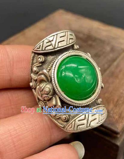 China National Silver Carving Ring Handmade Jewelry Accessories Traditional Chrysoprase Thimble Circlet