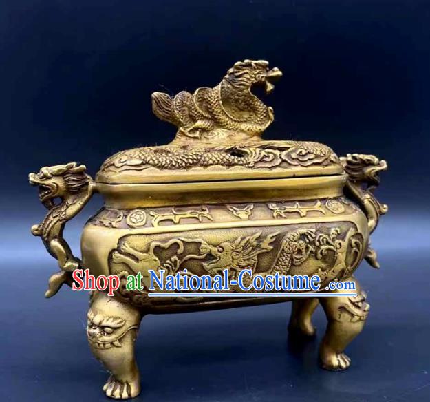 Handmade Chinese Carving Dragon Censer Ornaments Traditional Brass Incense Burner Accessories