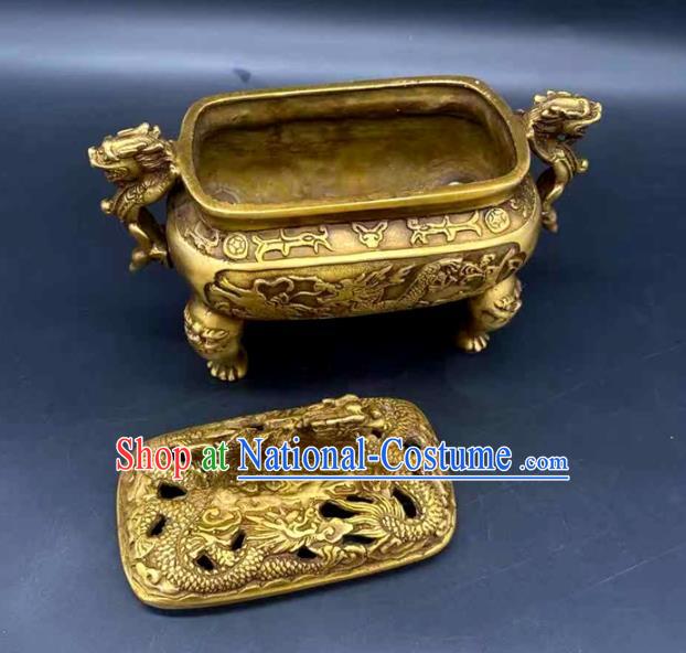 Handmade Chinese Carving Dragon Censer Ornaments Traditional Brass Incense Burner Accessories