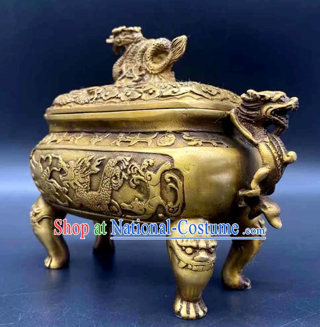 Handmade Chinese Carving Dragon Censer Ornaments Traditional Brass Incense Burner Accessories