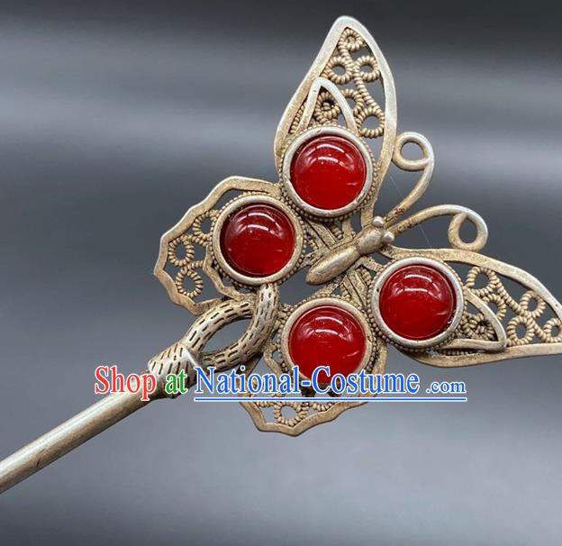 China Traditional Hair Accessories Classical Silver Butterfly Hairpin Handmade Agate Hair Stick