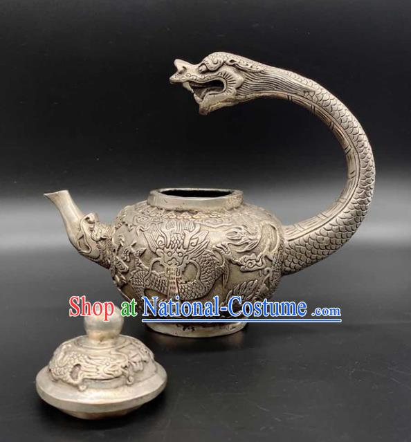 Handmade Chinese Carving Dragon Teapot Ornaments Traditional Brass Craft Flagon