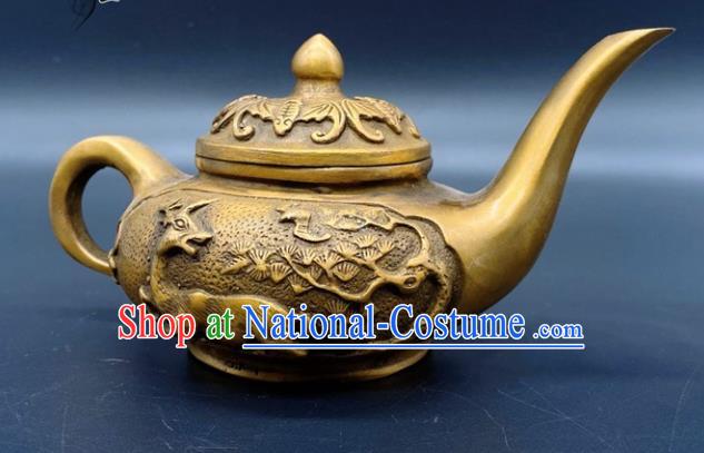 Handmade Chinese Carving Pine Deer Teapot Ornaments Traditional Brass Craft Kettle