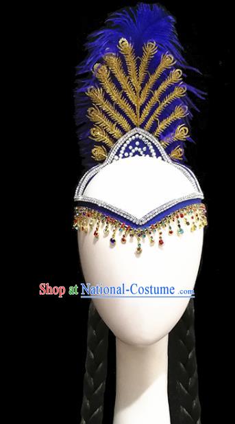 China Handmade Ethnic Women Royalblue Feather Hair Accessories Traditional Uyghur Nationality Folk Dance Braid Hat