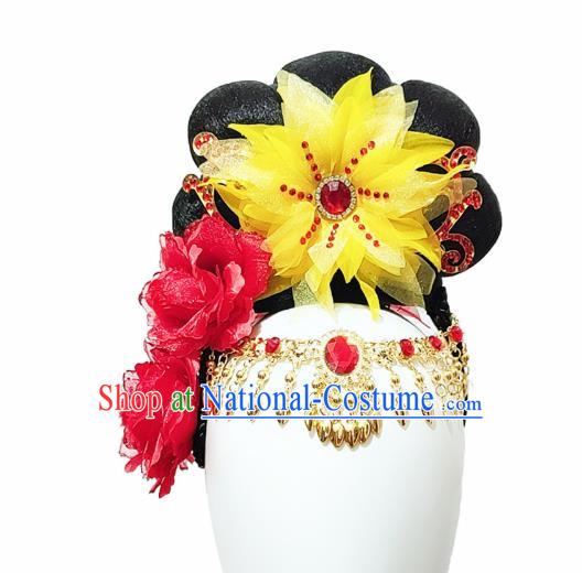 Traditional China Handmade Classical Dance Wig Chignon Stage Show Hair Accessories Flying Apsaras Dance Headdress