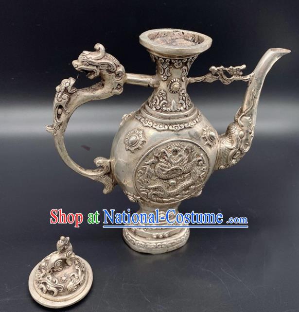 Handmade Chinese Carving Dragon Flagon Ornaments Traditional Brass Craft Wine Pot